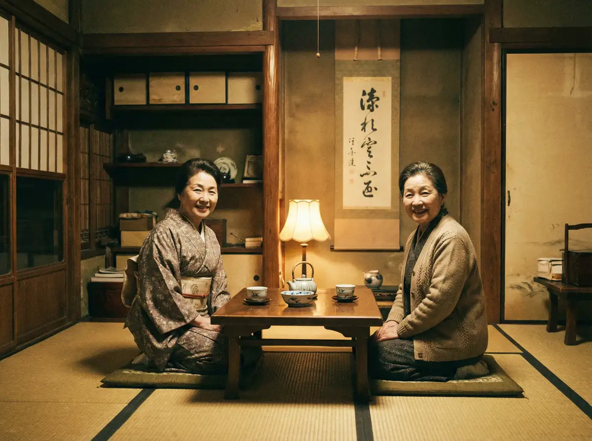 两位优雅的 肆年电影 在日式茶室中品茶交谈